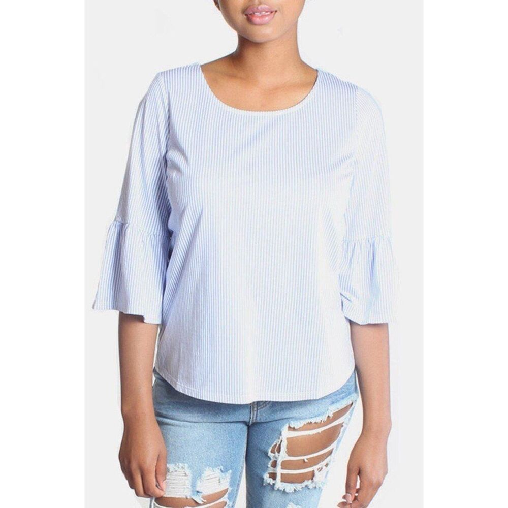 Skies Are Blue | Blue and White Striped Bell Sleeve Blouse | Small